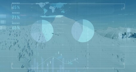 Presenting two translucent pie charts hovering over snowy mountain slope, with world map overlay