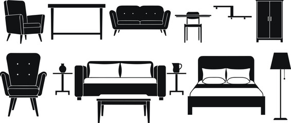 Modern furniture silhouettes collection, armchair, sofa, bed, table, lamp, cabinet, minimalist home decor, living room, bedroom, stylish interior, contemporary design elements.