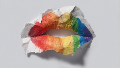 Rippled, rainbow-painted lips on crumpled paper