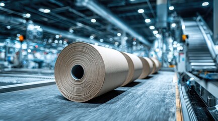 Industrial paper rolls on a conveyor belt within a modern factory