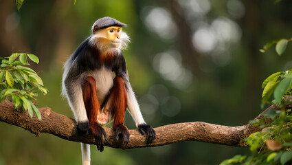 Obraz premium The Splendor of the Red Shanked Douc Langur A Captivating Portrait of a Primate Perched on a Branch Showcasing its Striking Colors and Unique Features