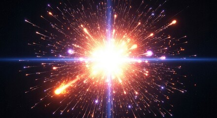 Fototapeta premium A radiant cosmic burst illuminates a dark star-filled expanse emitting countless glowing streaks and fiery particles from a brilliant central point with intersecting light beams