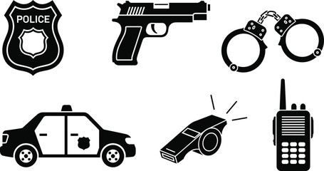 Police badge, handgun, handcuffs, patrol car, whistle, walkie-talkie icons, law enforcement, security, crime prevention, police equipment, public safety, authority symbols. © Creatives Art