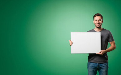 Man Holding Blank Board On Green Screen With Soft Studio Lighting Black Friday Style (Item1)