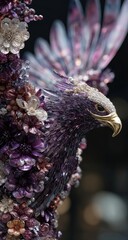 Close-up of a sculpted eagle, adorned with amethyst and  floral details