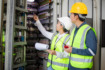 Engineers in collaboration examining industrial control panel ensuring efficient operation and safety. They wear safety gear and communicate effectively in technical environment