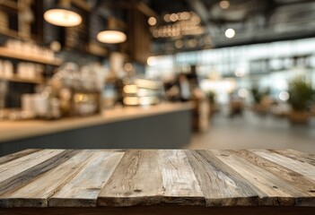 Rustic wooden table top in front of a blurred cafe interior
