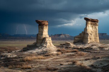 Twin sandstone monoliths rise above a vast desert plain while lightning strikes illuminate the dark sky during a brewing storm.
