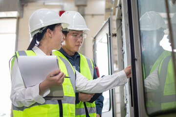 Two engineers in safety gear collaborate in industrial setting, examining equipment with focus and precision
