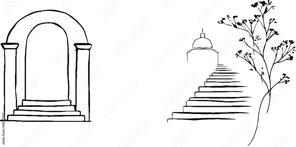 Poster minimalist line art set featuring archway and dome with staircase and branch for modern design