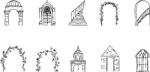 Minimalist line art collection of architectural arches, domes, columns, and stairs for elegant design projects