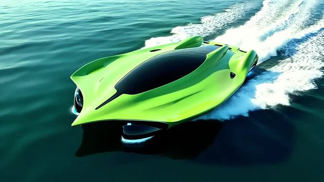 A futuristic green speedboat speeding through the water, leaving a wake behind it. The boat has a modern, aerodynamic design with large windows and a single, prominent propeller at the rear.