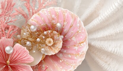 Delicate seashells, coral, and pearls in pastel pinks and creams