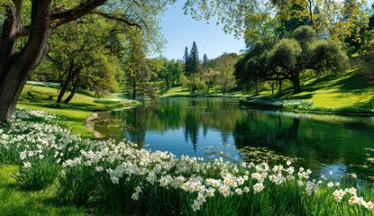 Serene spring landscape with a pond and flowers