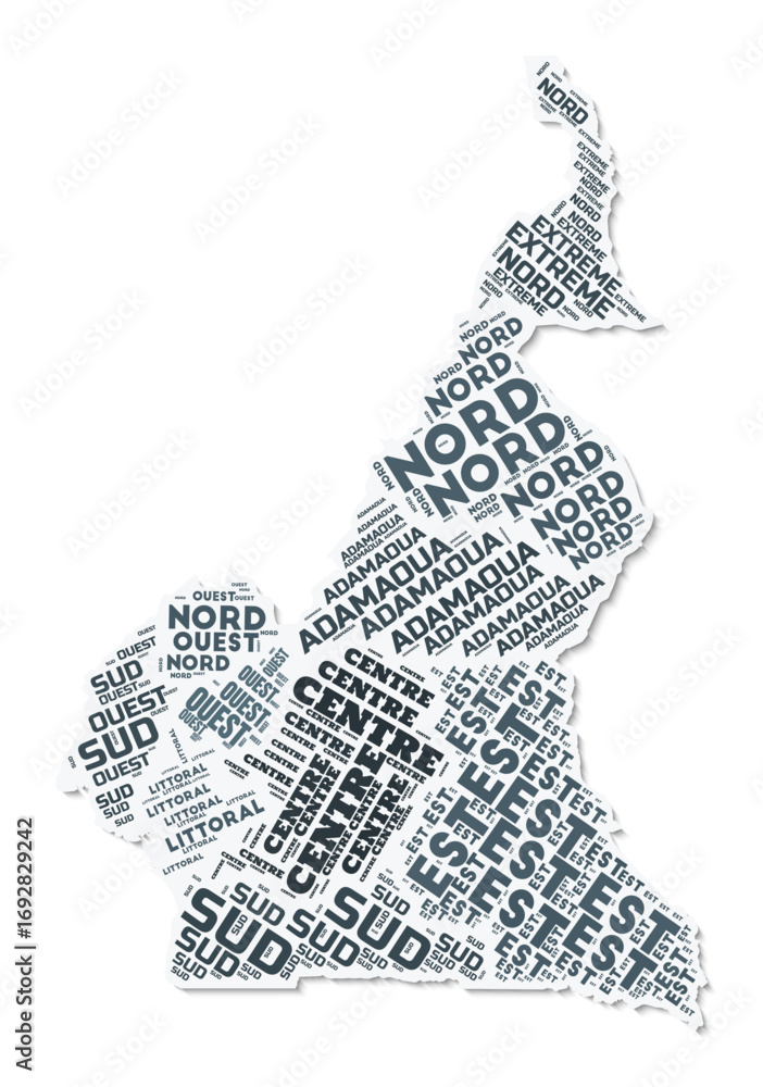 Poster cameroon shape text cloud. country border with shadow on white background. cameroon with regions div