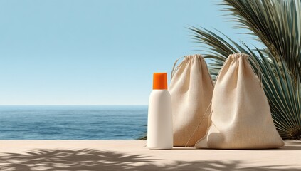 Sunscreen bottle and bags on a beach scene (1)