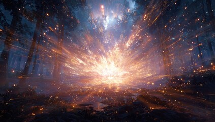 Mystical forest explosion.  Radiant energy bursts through a dark wood.  Streaks of light emanate from a central fiery point.  Magic, glowing particles litter the ground and trees.