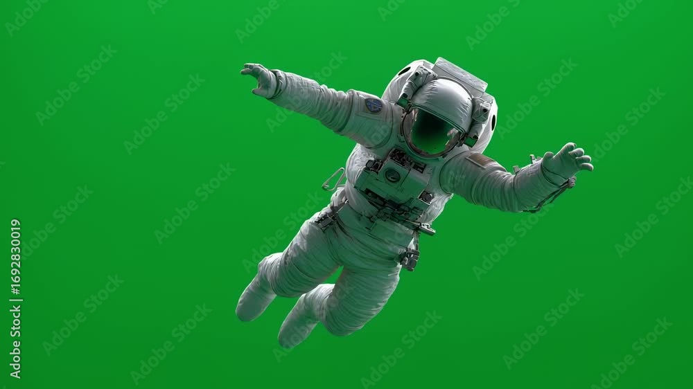 Poster professional astronaut floating weightlessly against vivid green screen backdrop, stretching arms wh