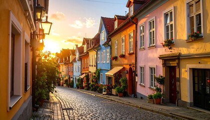 Fototapeta premium A cobblestone street is framed by colorful buildings in the golden hour. Warm light bathes the scene highlighting the charm of the quaint European architecture