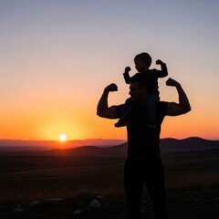 Fototapeta premium Father and child silhouette at sunset showing strength and family bond white background