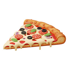 Delicious slice of pizza with pepperoni, olives and basil isolated on transparent background