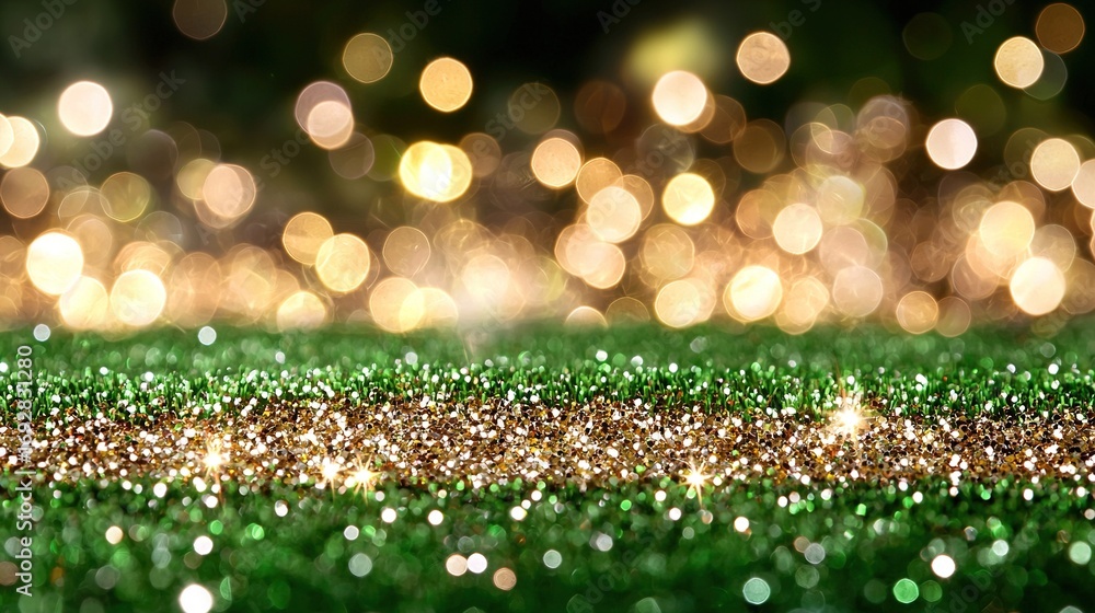 Poster close-up of a grass field with a hazy backdrop of distant lights