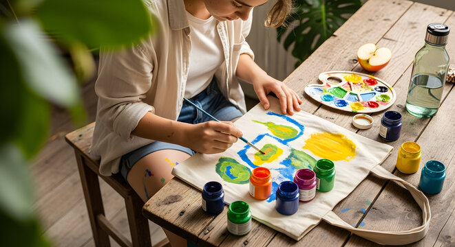 Creative Hobby Woman Painting Tote Bag with Vibrant Colors at Rustic Wooden Table in Relaxed Lifestyle Setting and a Colorful Palette