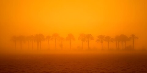 Warm hazy orange and yellow abstract background with blurred silhouette of trees and water reflection