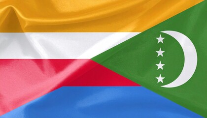 Comoros’s flag with yellow, white, red, and blue stripes, green triangle, crescent, and four stars—symbolizing unity, Islam, and island identity.
