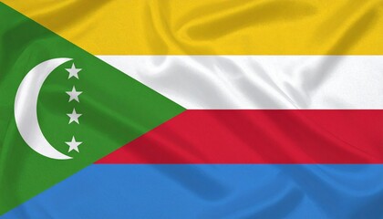 Comoros’s flag with yellow, white, red, and blue stripes, green triangle, crescent, and four stars—symbolizing island unity, Islamic heritage, and national identity.