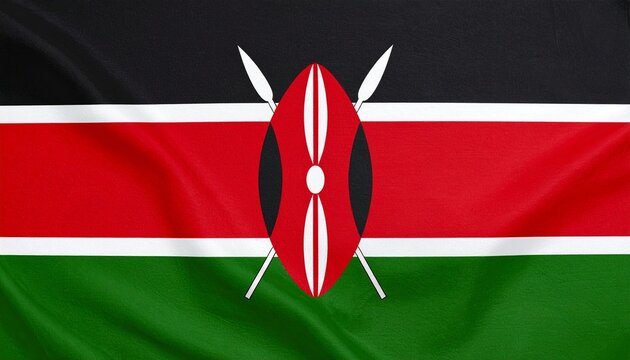 Kenya’s flag with black, red, and green stripes, white borders, and a central Maasai shield—symbolizing unity, freedom, and cultural strength. - Powered by Adobe