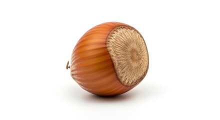 A single whole light brown hazelnut in its shell rests centrally on a stark white surface exhibiting fine striations and a textured base