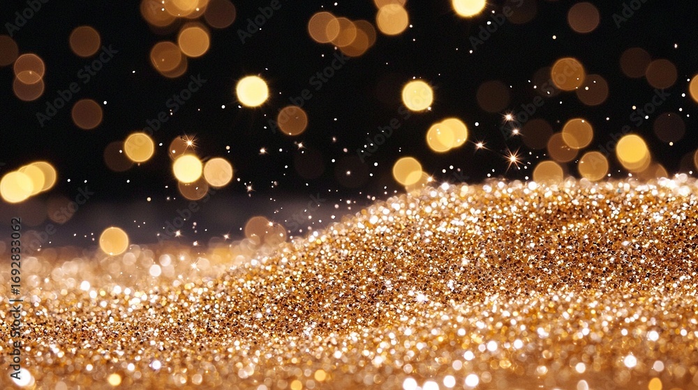 Poster a close-up of a shiny surface with plenty of gold flakes in the front and a dark sky behind