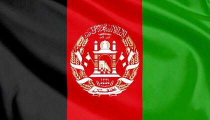 Afghanistan&rsquo;s black, red, and green flag with central white emblem&mdash;featuring mosque, Shahada, and wheat sheaves&mdash;symbolizing faith, independence, and national identity.