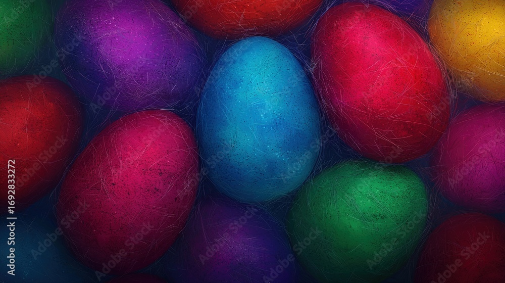 Poster   A cluster of vibrant eggs arranged in rows atop a mound of similarly hued eggs stacked above one another
