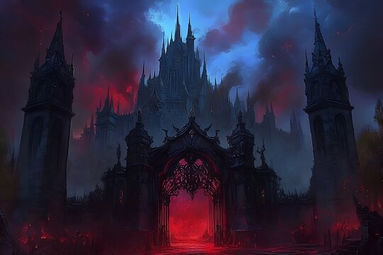 Mysterious gothic castle bathed in eerie red and blue light under a stormy sky - Powered by Adobe