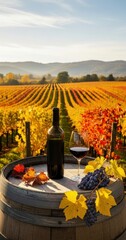 Vertical social media poster with wine barrel, unlabeled wine bottle, glass of red wine and grape cluster overlooking autumn vineyard with yellow leaves