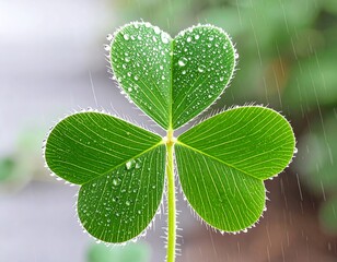 Close-up of a vibrant clover leaf in the rain