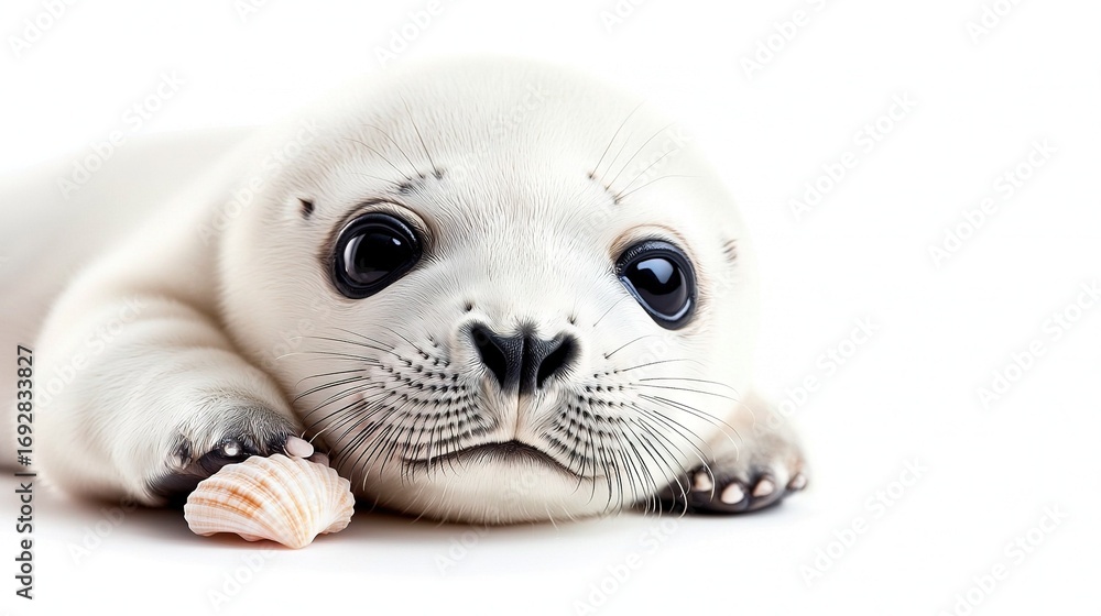 Poster a close-up photo of a sea lion resting on a white background with a seashell positioned in front of 