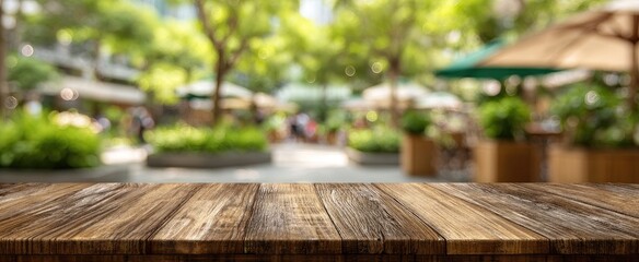 Wooden tabletop over blurred outdoor patio scene