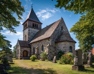 Fototapeta premium A stone church surrounded by a cemetery