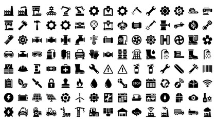 A grid of black and white industrial and mechanical icons.