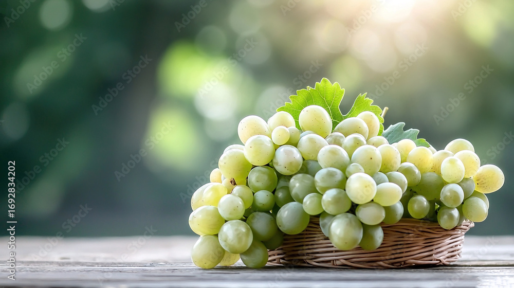 Poster a basket filled with white grapes sits on a wooden table beneath dappled sunlight filtering through 