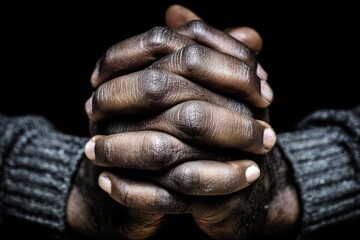 Close-up of dark-skinned hands clasped in prayer