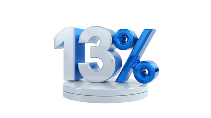3D Render of 13 Percent Discount Sign, Blue and Silver Number on White Pedestal