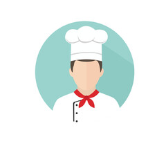 Flat Design Vector Chef Avatar – Cartoon Cook Icon with White Hat and Red Scarf