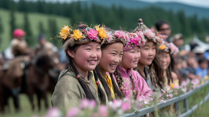 Fototapeta premium Children in Floral Headpieces Celebrating Horse Blessing Ceremony with Joy and Traditional Cultural Spirit