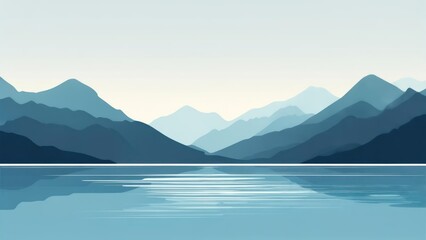 Layered Blue Mountain Range with Serene Lake Reflection