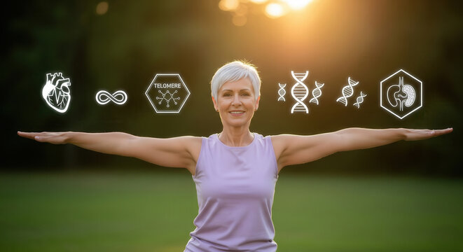 Active senior with longevity health icons, vitality, and wellness.