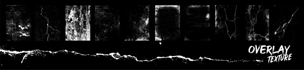 Overlay texture set. Different types of texture stamps (damaged, paint, old, concrete and other). Vector collection urban grunge overlay. Grunge texture with spray effect and drop ink splashes. Vector